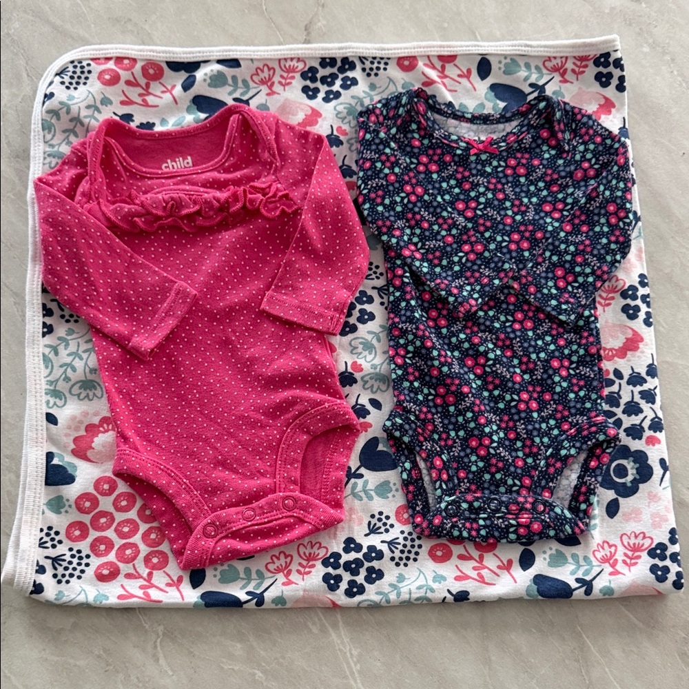 Pink and Floral Baby Onesies and blanket